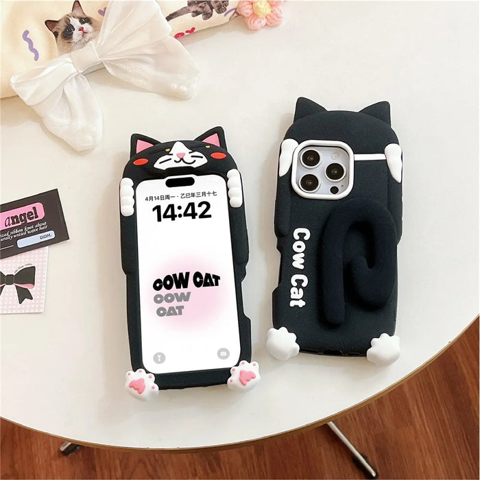 For iPhone 16 Pro Max Silicone Case Cow Cat Tail Kickstand Anti Drop  Phone Back Cover - 5