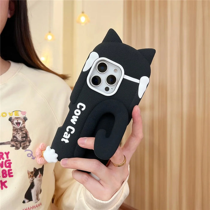 For iPhone 16 Pro Max Silicone Case Cow Cat Tail Kickstand Anti Drop  Phone Back Cover - 6