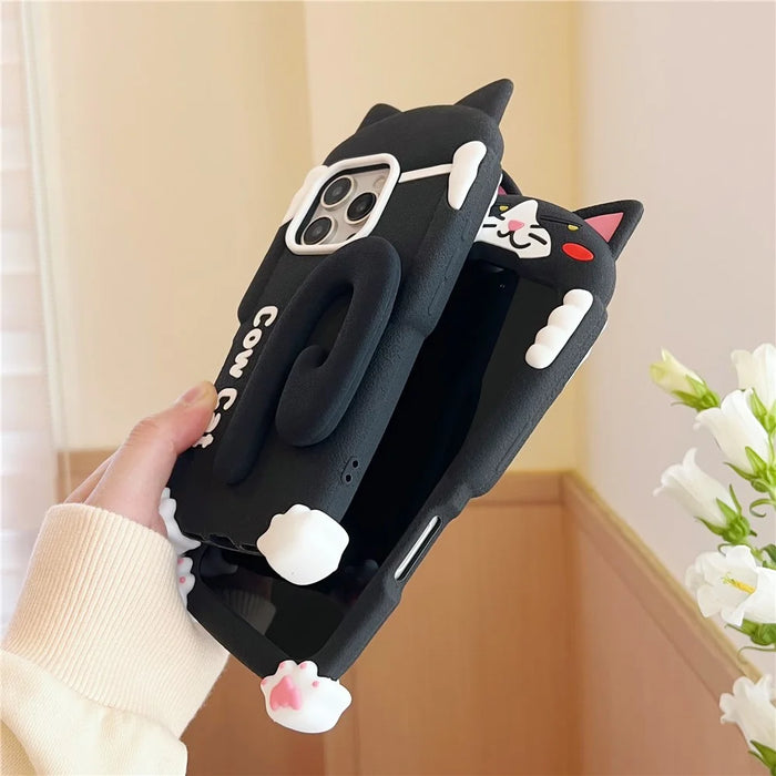 For iPhone 16 Pro Max Silicone Case Cow Cat Tail Kickstand Anti Drop  Phone Back Cover - 7