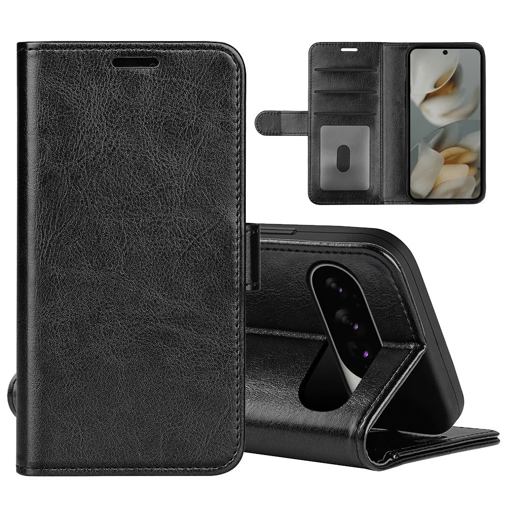 For Google Pixel 10 Pro XL Case Crazy Horse Texture Stand Leather Phone Cover - Black - 1