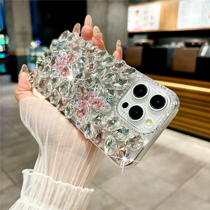 For iPhone 15 Pro Max Case Glass Rhinestone Two Butterfly Decor TPU Phone Back Cover - Pink - 5