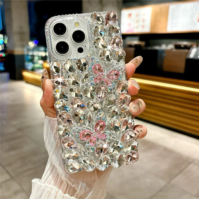 For iPhone 16 Pro Max Case Glass Rhinestone Two Butterfly Decor TPU Phone Back Cover - Pink - 2