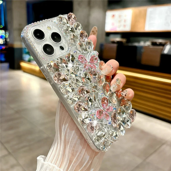 For iPhone 16 Pro Max Case Glass Rhinestone Two Butterfly Decor TPU Phone Back Cover - Pink - 3