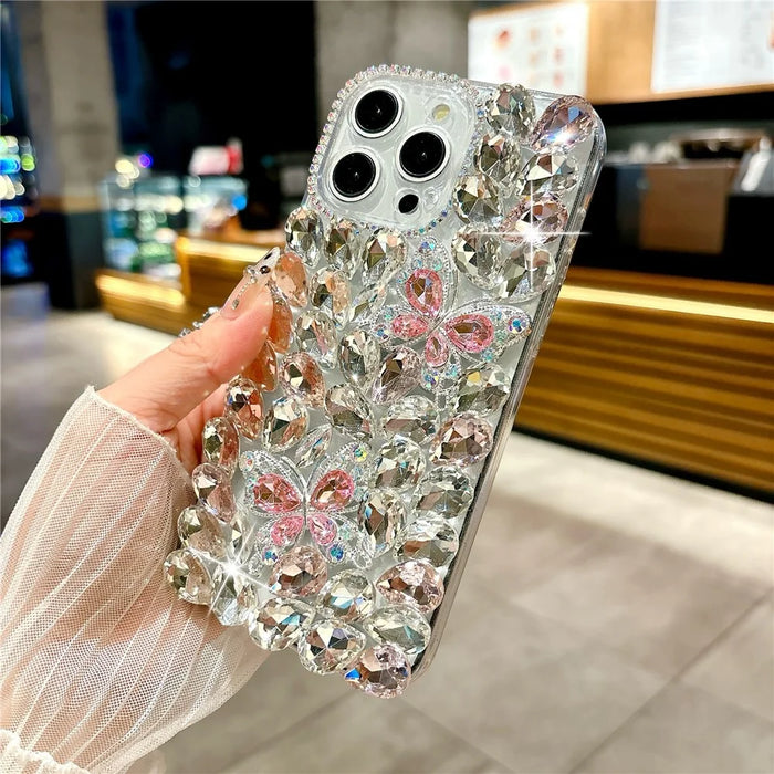 For iPhone 16 Pro Max Case Glass Rhinestone Two Butterfly Decor TPU Phone Back Cover - Pink - 4