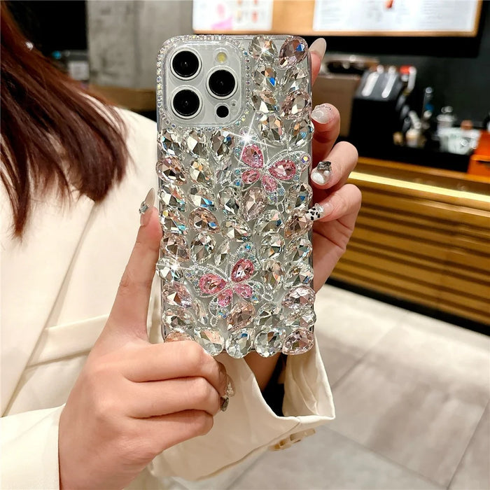 For iPhone 16 Pro Max Case Glass Rhinestone Two Butterfly Decor TPU Phone Back Cover - Pink - 6