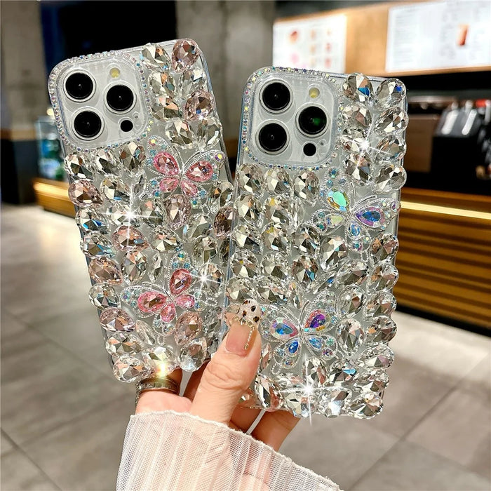 For iPhone 16 Pro Max Case Glass Rhinestone Two Butterfly Decor TPU Phone Back Cover - Pink - 7