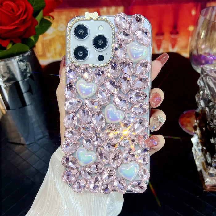 For iPhone 16 Pro Max Case Glass Rhinestone Heart Shape Decor TPU Phone Back Cover - 1