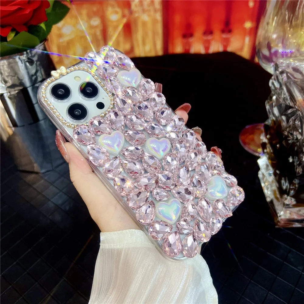 For iPhone 16 Pro Case Glass Rhinestone Heart Shape Decor TPU Phone Back Cover - 3