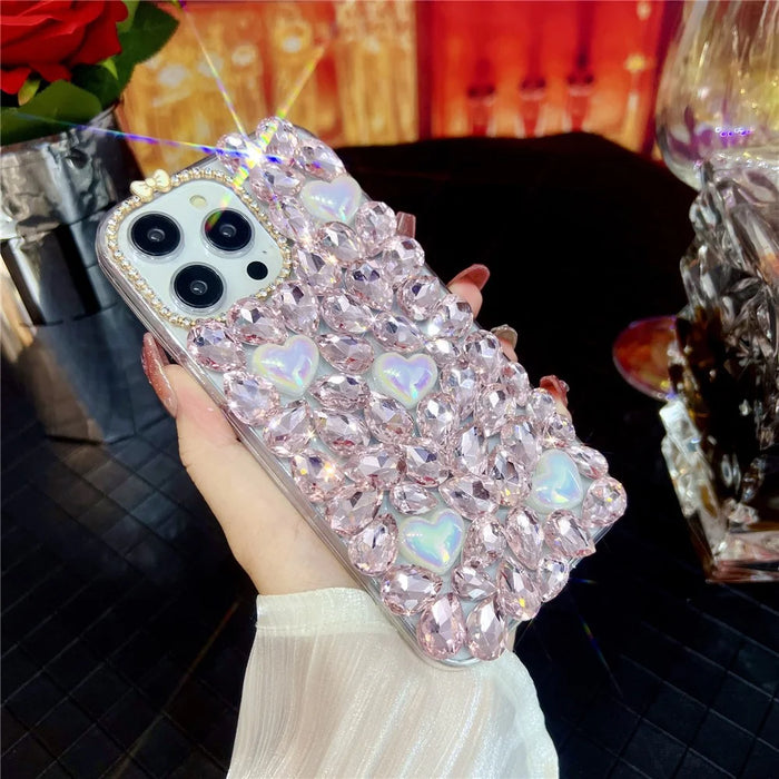 For iPhone 15 Pro Case Glass Rhinestone Heart Shape Decor TPU Phone Back Cover - 3