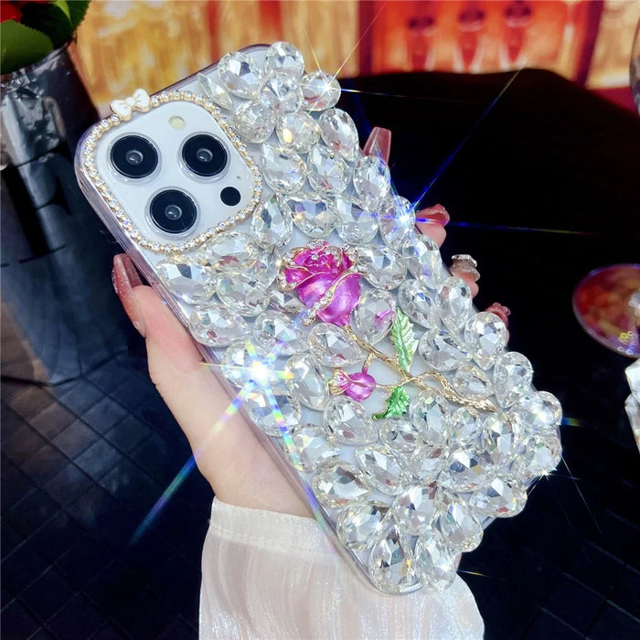 For iPhone 16 Pro Max Case Glass Rhinestone Rose Shape Decor TPU Phone Back Cover - 1