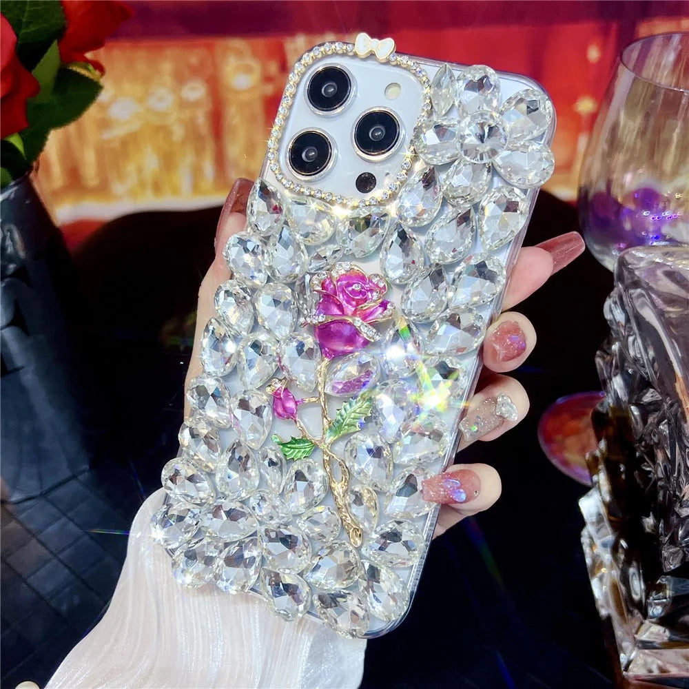 For iPhone 14 Pro Max Case Glass Rhinestone Rose Shape Decor TPU Phone Back Cover - 1