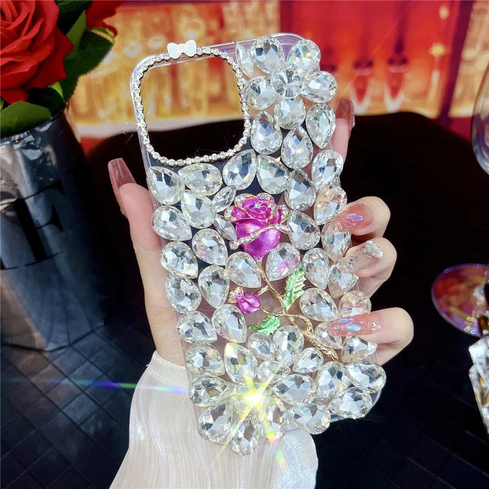For iPhone 14 Pro Max Case Glass Rhinestone Rose Shape Decor TPU Phone Back Cover - 2