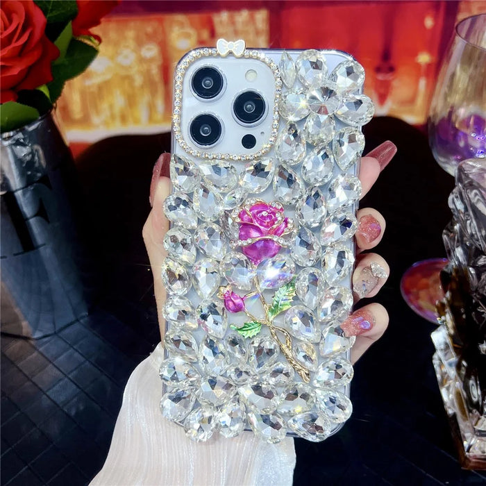 For iPhone 14 Pro Max Case Glass Rhinestone Rose Shape Decor TPU Phone Back Cover - 4