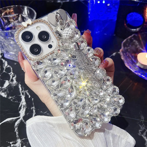 For iPhone 16 Pro Case with Tassel Glass Rhinestone Decor TPU Phone Back Cover - White - 1