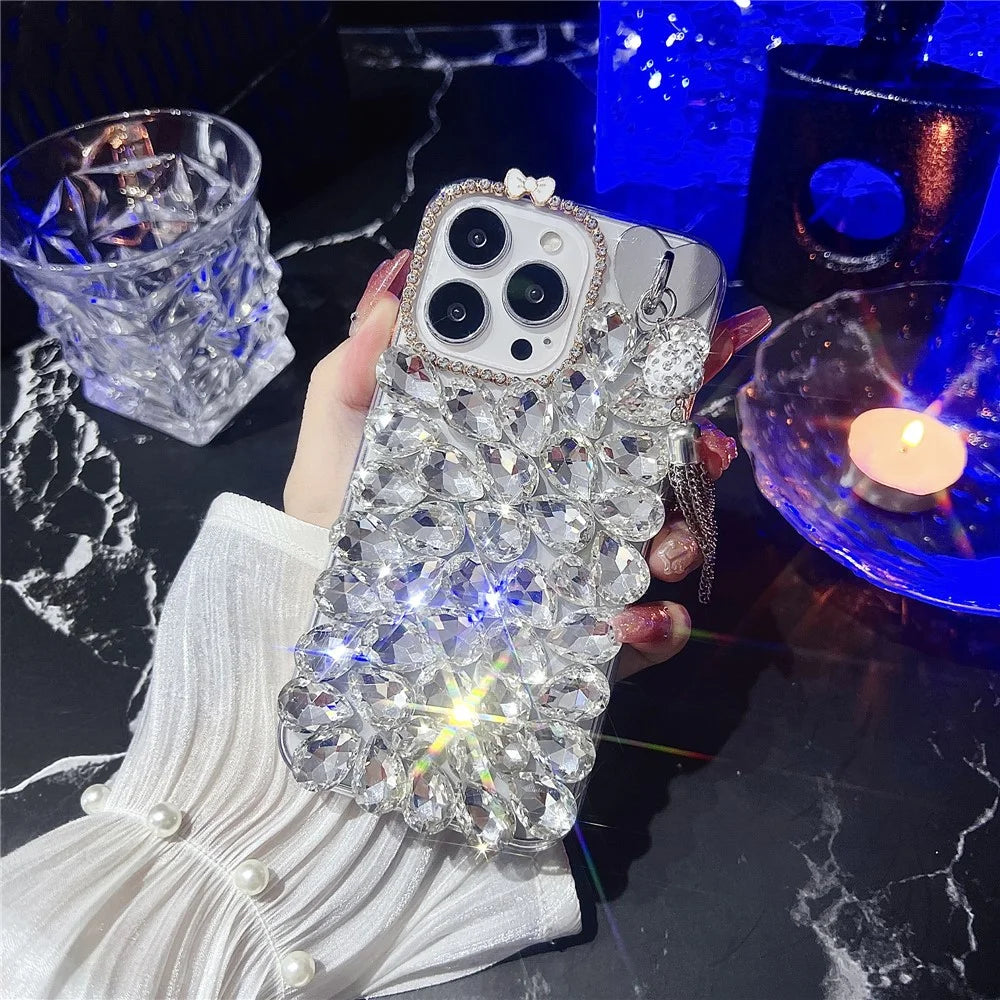 For iPhone 16 Pro Case with Tassel Glass Rhinestone Decor TPU Phone Back Cover - White - 2