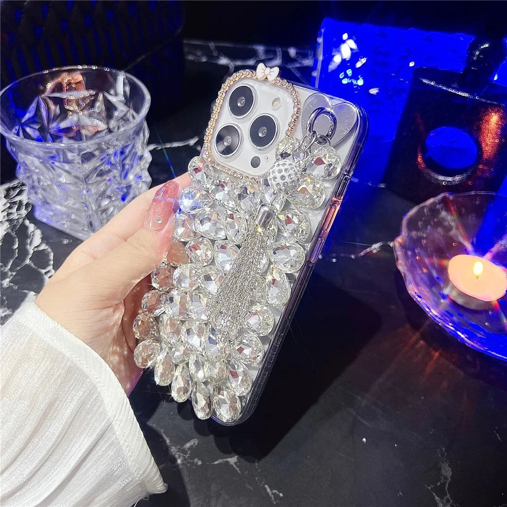 For iPhone 16 Pro Case with Tassel Glass Rhinestone Decor TPU Phone Back Cover - White - 4