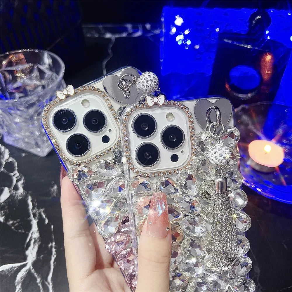 For iPhone 16 Pro Case with Tassel Glass Rhinestone Decor TPU Phone Back Cover - White - 5