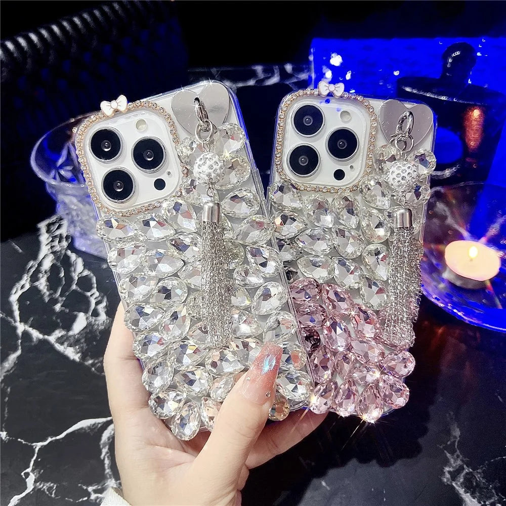 For iPhone 16 Pro Case with Tassel Glass Rhinestone Decor TPU Phone Back Cover - White - 6