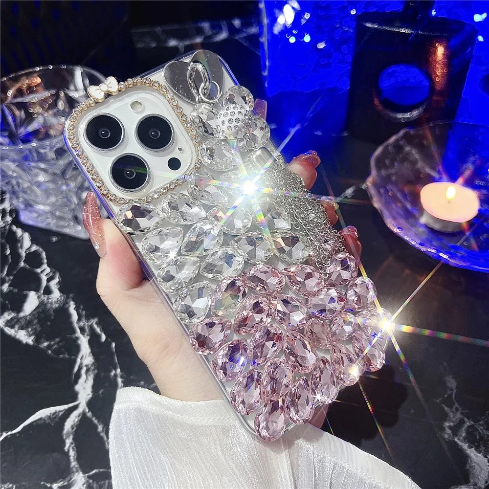 For iPhone 16 Pro Max Case with Tassel Glass Rhinestone Decor TPU Phone Back Cover - Pink - 1