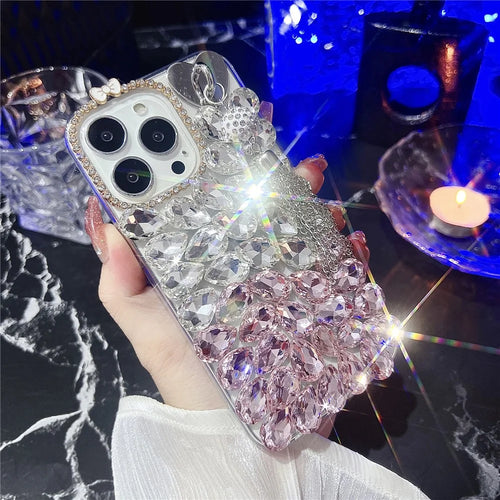 For iPhone 16 Pro Max Case with Tassel Glass Rhinestone Decor TPU Phone Back Cover - Pink - 1
