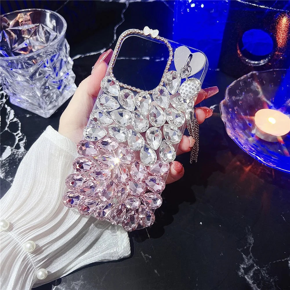 For iPhone 16 Pro Max Case with Tassel Glass Rhinestone Decor TPU Phone Back Cover - Pink - 2