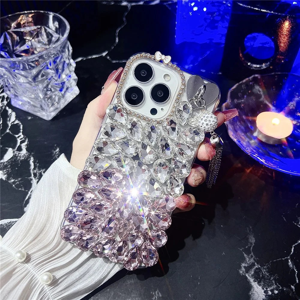 For iPhone 16 Pro Max Case with Tassel Glass Rhinestone Decor TPU Phone Back Cover - Pink - 3