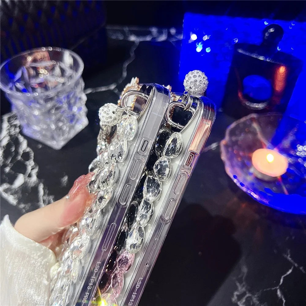 For iPhone 16 Pro Max Case with Tassel Glass Rhinestone Decor TPU Phone Back Cover - Pink - 4