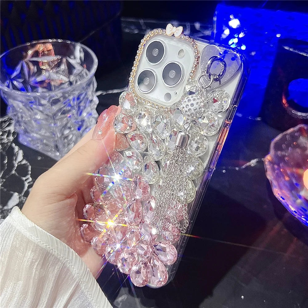 For iPhone 16 Pro Max Case with Tassel Glass Rhinestone Decor TPU Phone Back Cover - Pink - 5