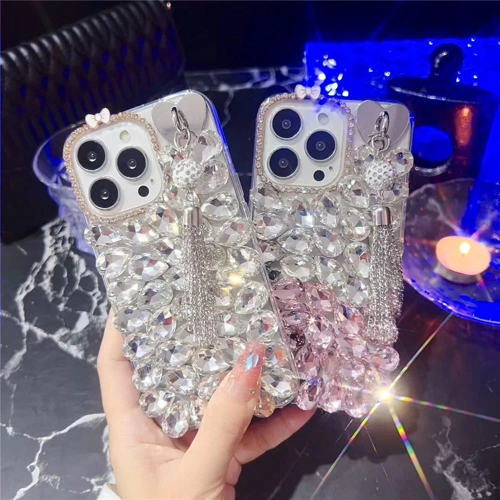 For iPhone 16 Pro Max Case with Tassel Glass Rhinestone Decor TPU Phone Back Cover - Pink - 6