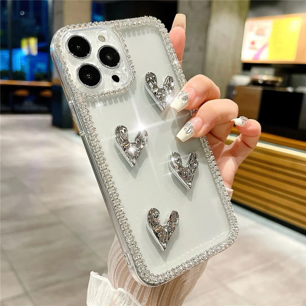 For iPhone 16 Pro Max Case Rhinestone Edge Electroplating Heart Shape Decor Soft TPU Phone Back Cover - 1