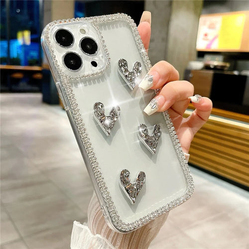 For iPhone 16 Pro Max Case Rhinestone Edge Electroplating Heart Shape Decor Soft TPU Phone Back Cover - 1