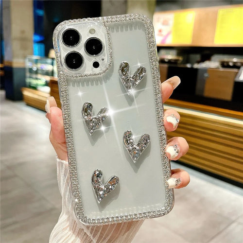 For iPhone 16 Pro Case Rhinestone Edge Electroplating Heart Shape Decor Soft TPU Phone Back Cover - 1