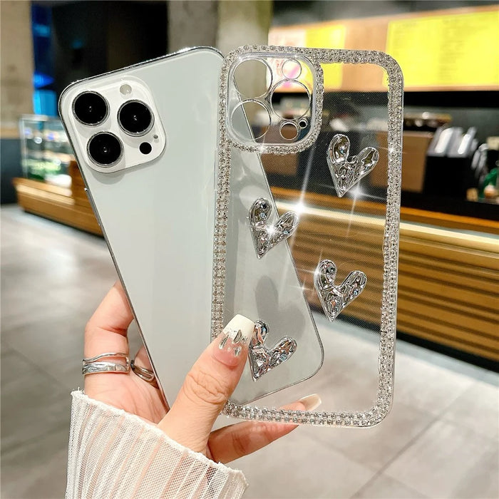For iPhone 16 Pro Case Rhinestone Edge Electroplating Heart Shape Decor Soft TPU Phone Back Cover - 2