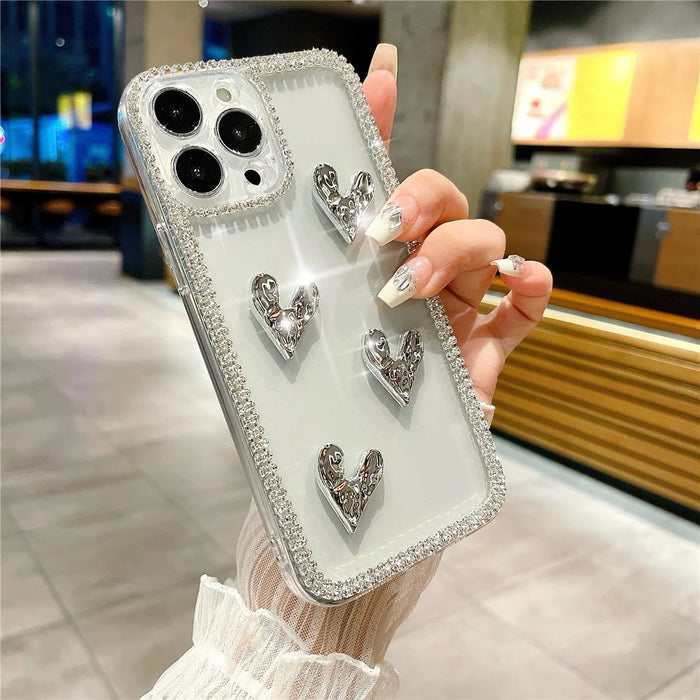 For iPhone 16 Pro Case Rhinestone Edge Electroplating Heart Shape Decor Soft TPU Phone Back Cover - 3