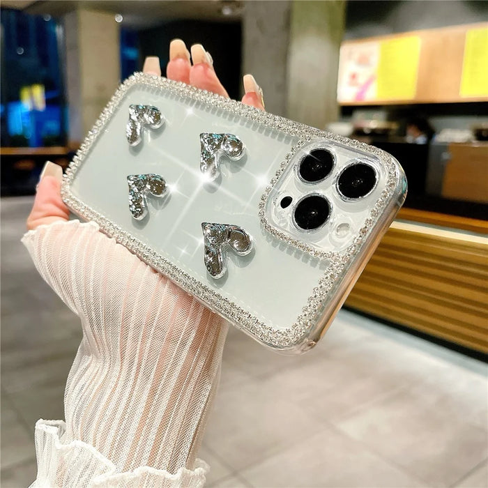 For iPhone 16 Pro Case Rhinestone Edge Electroplating Heart Shape Decor Soft TPU Phone Back Cover - 5