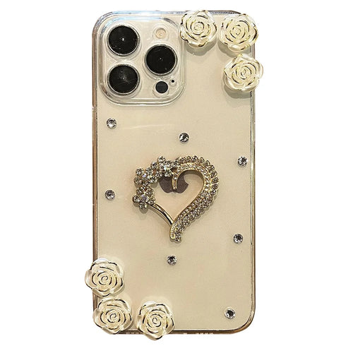 For iPhone 16 Pro Case Rhinestone Heart Rose Decor Soft TPU Clear Phone Back Cover - 1