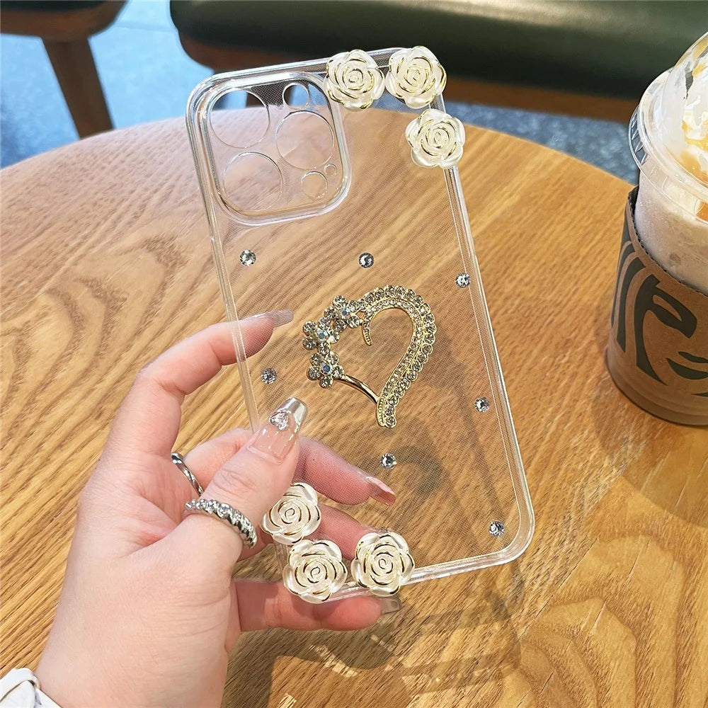 For iPhone 16 Pro Case Rhinestone Heart Rose Decor Soft TPU Clear Phone Back Cover - 2