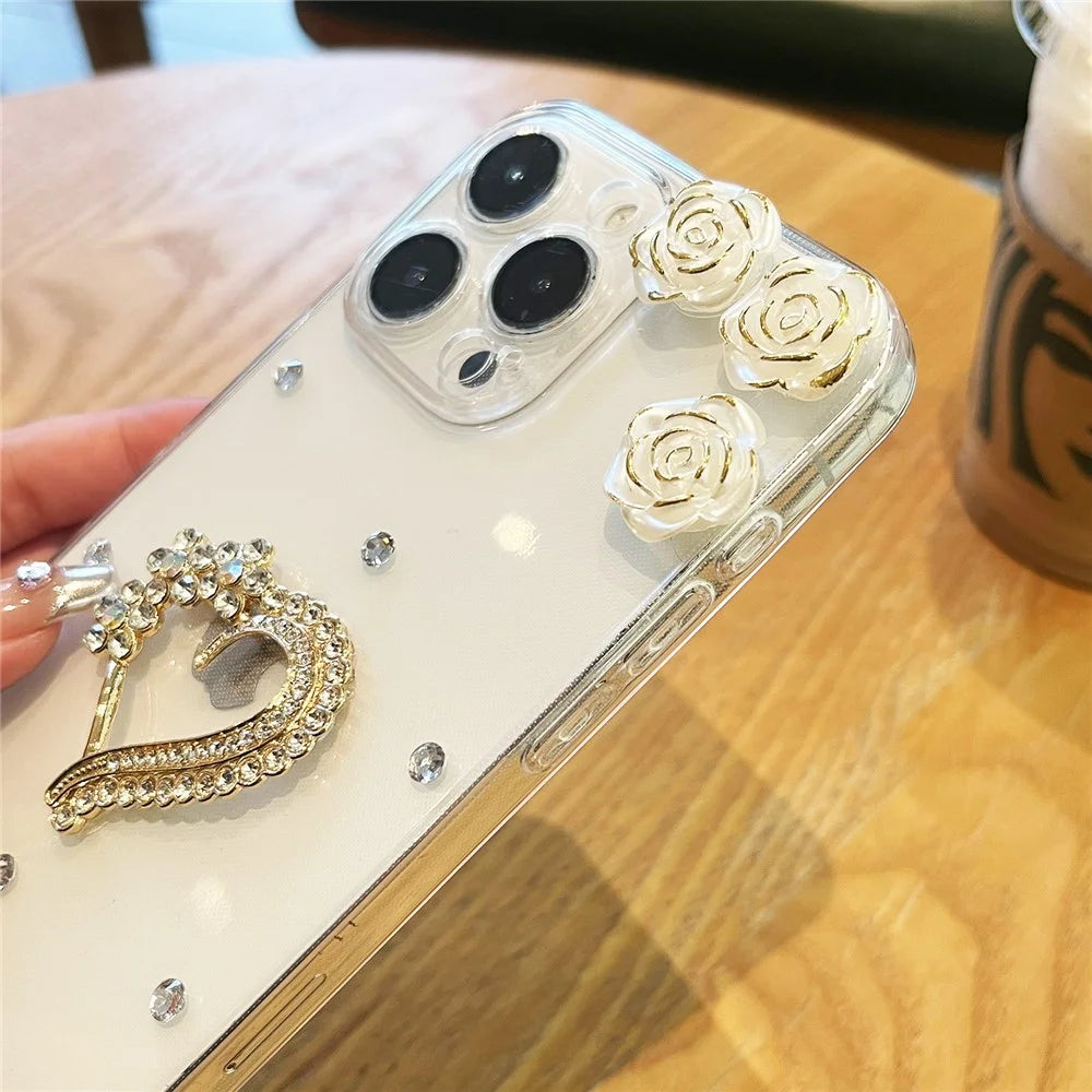 For iPhone 16 Pro Case Rhinestone Heart Rose Decor Soft TPU Clear Phone Back Cover - 3