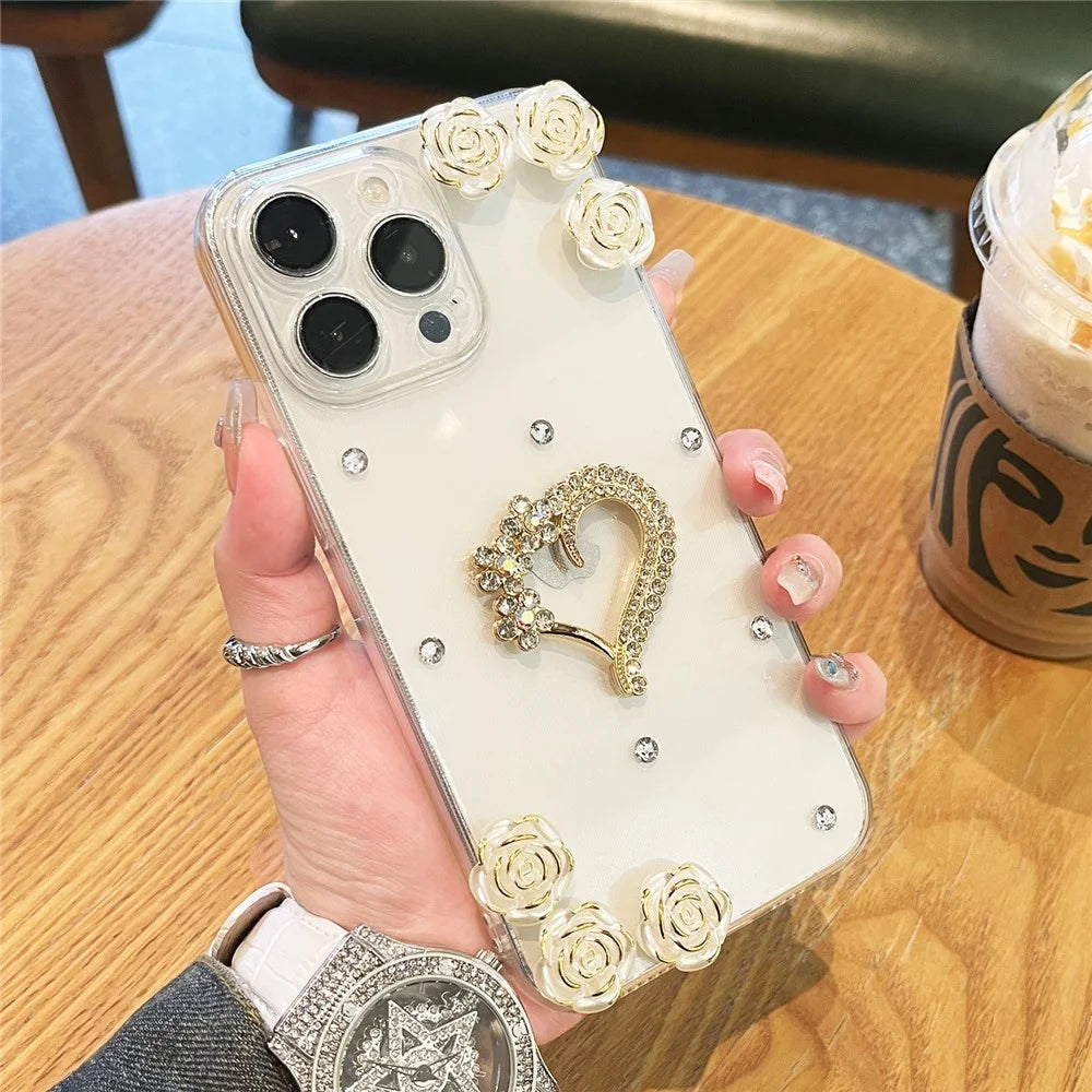 For iPhone 16 Pro Case Rhinestone Heart Rose Decor Soft TPU Clear Phone Back Cover - 4