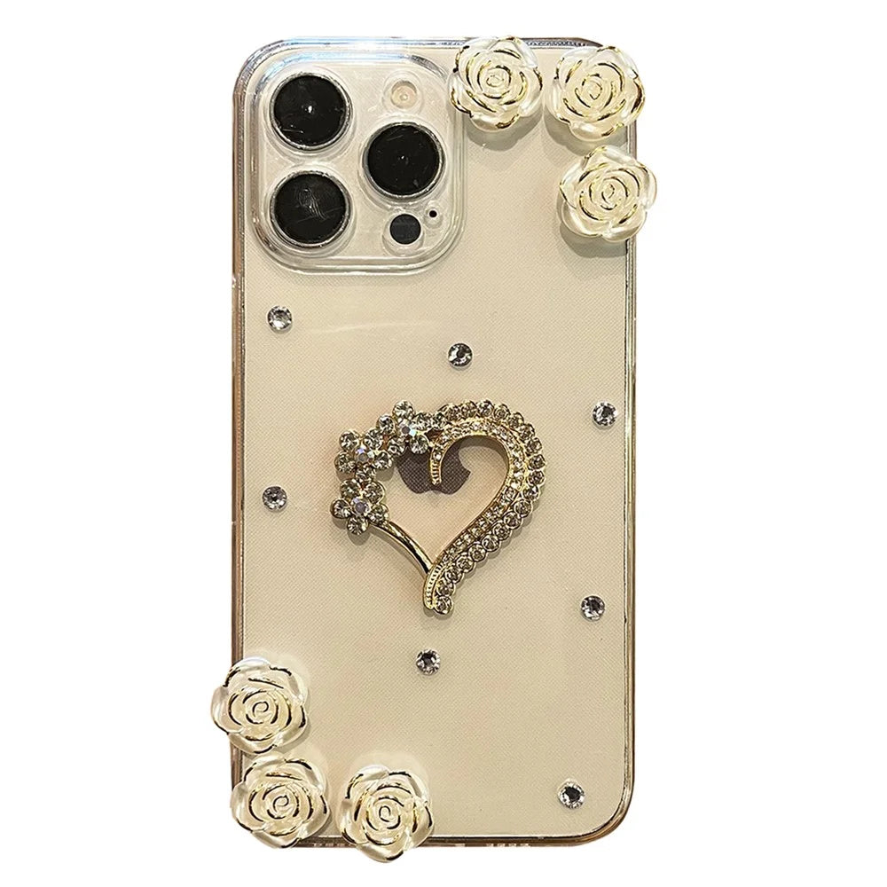 For iPhone 16 Pro Max Case Rhinestone Heart Rose Decor Soft TPU Clear Phone Back Cover - 1