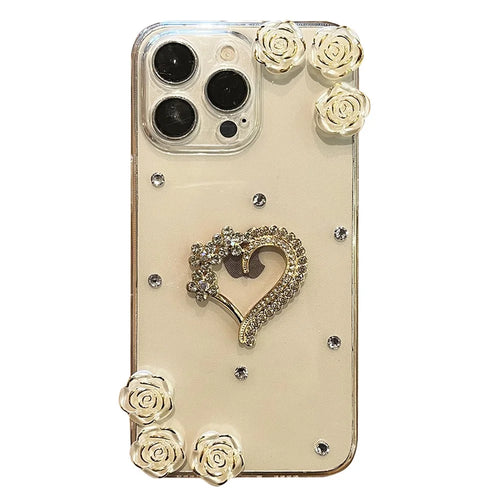 For iPhone 16 Pro Max Case Rhinestone Heart Rose Decor Soft TPU Clear Phone Back Cover - 1