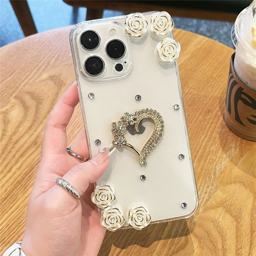 For iPhone 16 Pro Max Case Rhinestone Heart Rose Decor Soft TPU Clear Phone Back Cover - 5