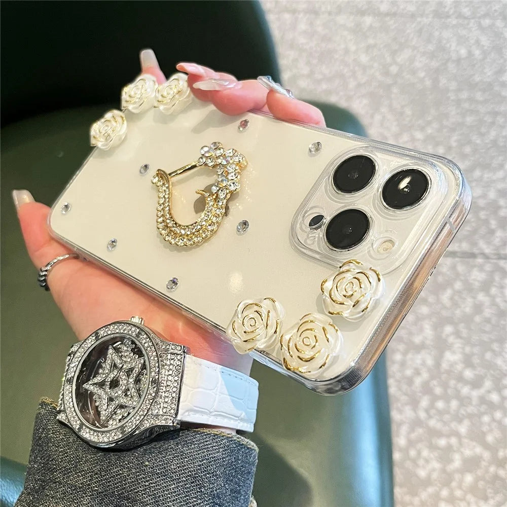 For iPhone 16 Pro Max Case Rhinestone Heart Rose Decor Soft TPU Clear Phone Back Cover - 7
