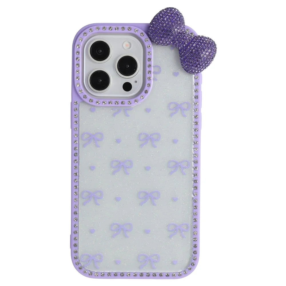 For iPhone 15 Pro Case Epoxy Design TPU + PC Phone Back Cover with Bow, Rhinestone Decor - Purple - 3