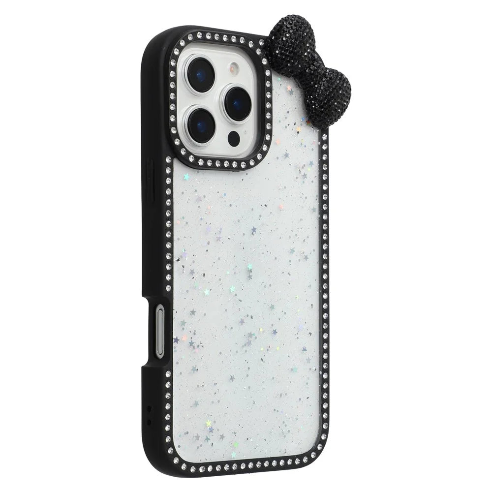 For iPhone 16 Pro Case Star Epoxy Design TPU + PC Phone Cover with Rhinestones  /  Bow Tie Decor - Black - 1