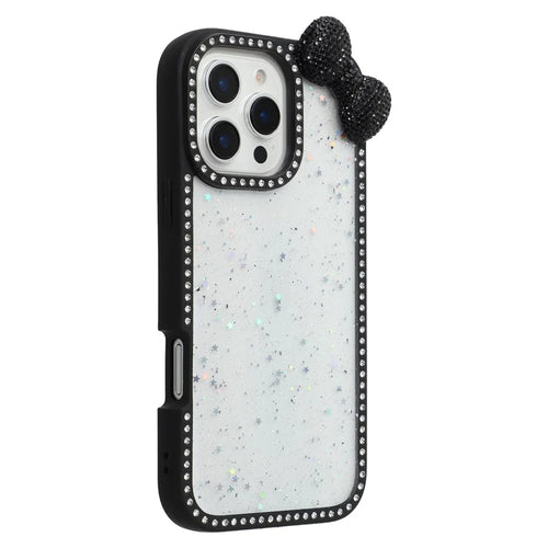 For iPhone 16 Pro Case Star Epoxy Design TPU + PC Phone Cover with Rhinestones  /  Bow Tie Decor - Black - 1