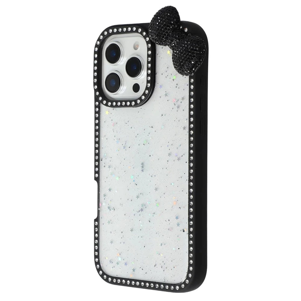 For iPhone 16 Pro Case Star Epoxy Design TPU + PC Phone Cover with Rhinestones  /  Bow Tie Decor - Black - 4