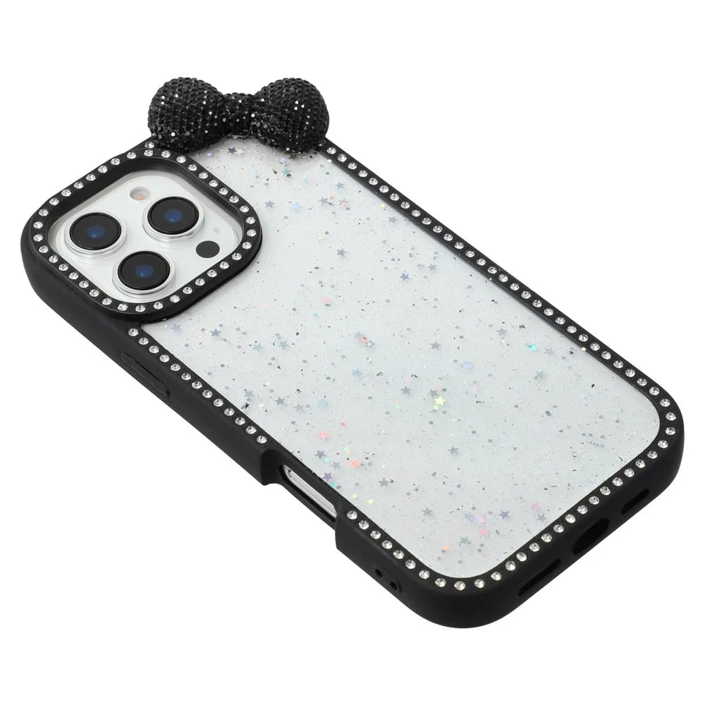 For iPhone 16 Pro Case Star Epoxy Design TPU + PC Phone Cover with Rhinestones  /  Bow Tie Decor - Black - 6