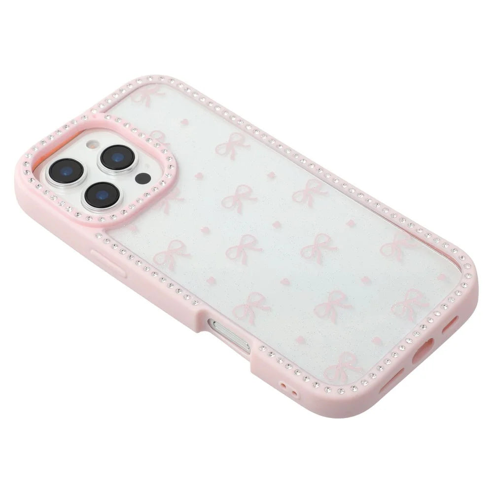 For iPhone 16 Pro Case Epoxy Design TPU + PC Phone Cover with Bowknot Pattern, Rhinestone Decor - Pink - 5