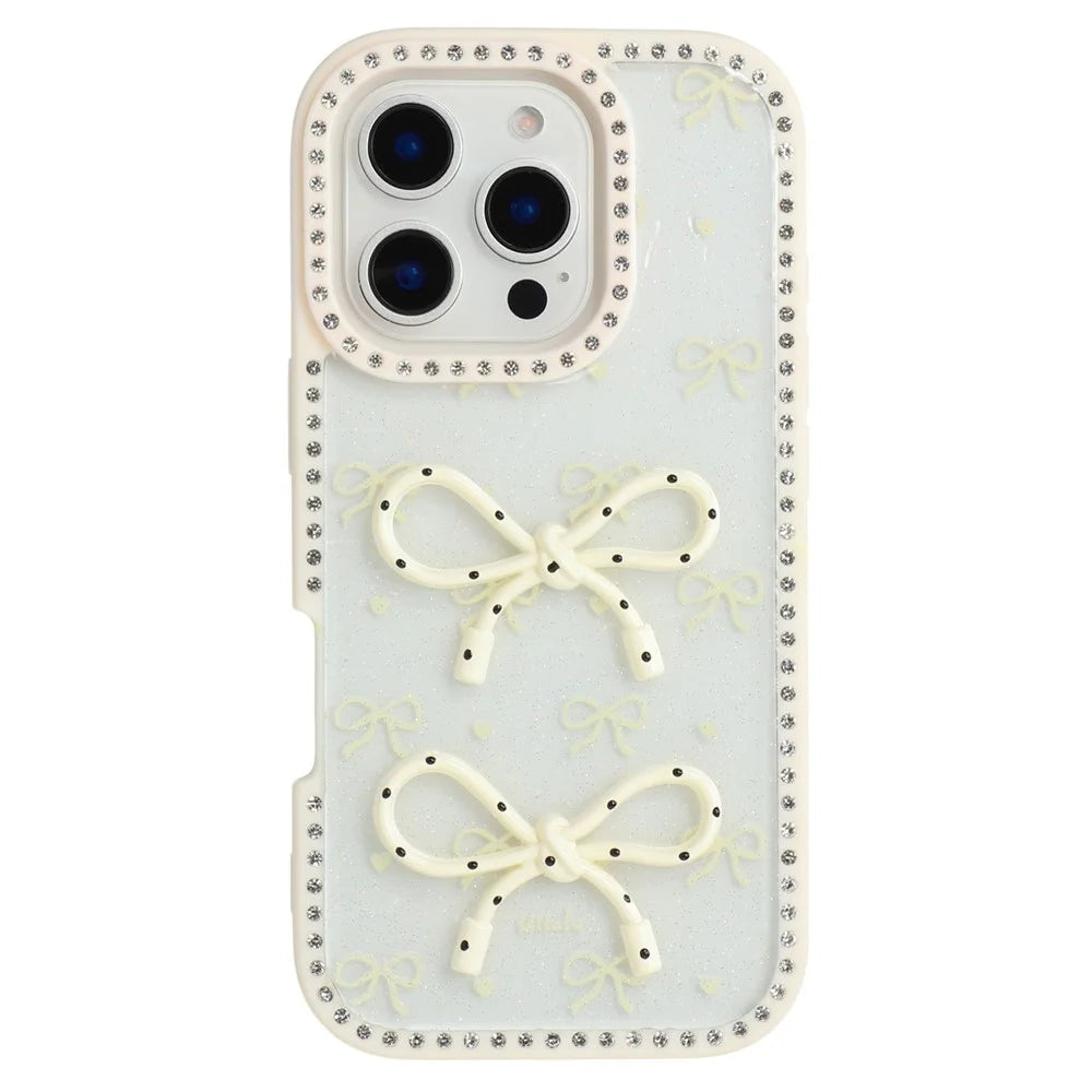 For iPhone 16 Pro Max Case Two Bow Epoxy Design TPU + PC Phone Back Cover Rhinestone Decor - Beige - 1